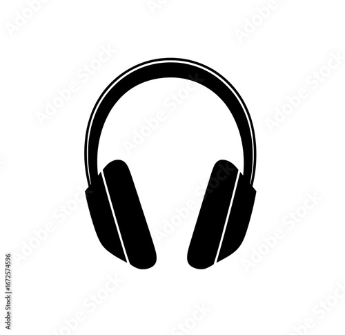 A modern illustration features a black silhouette of headphones isolated on white