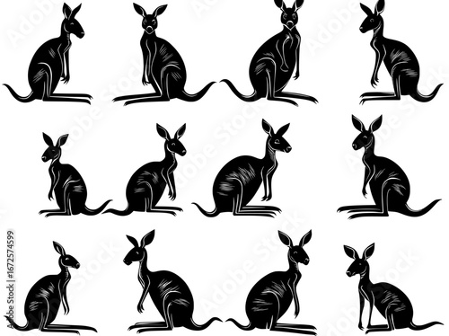 A black color kangaroo silhouette forms the basis of this modern concept illustration, set against a white background
