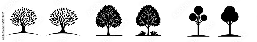 Naklejka premium The Tree Icon Set offers a minimalist approach, featuring both filled and outline styles, ideal for various design applications