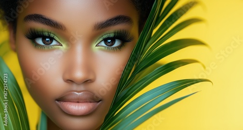 Beautiful Woman With Vibrant Green Eyeshadow Holding Palm Leaves Against a Ye...