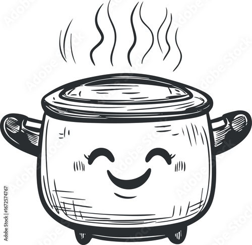 Black and white sketch of a cooking pot with a lid and steam rising, featuring a happy smiling face