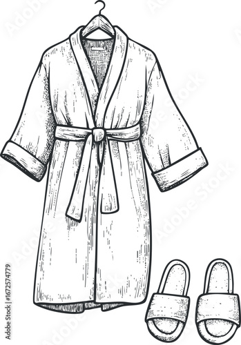 Hand drawn illustration of a bathrobe with belt on hanger and pair of slippers for home comfort and relaxation