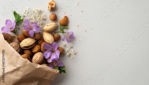 Assorted nuts in a brown paper bag with spring flowers