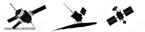 A detailed black silhouette of a satellite is depicted in a modern space illustration