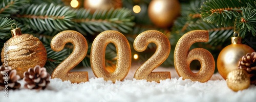 Celebrate the new year 2026 with festive gold numbers, sparkling ornaments, pine cones, and winter snow, creating a warm holiday atmosphere.