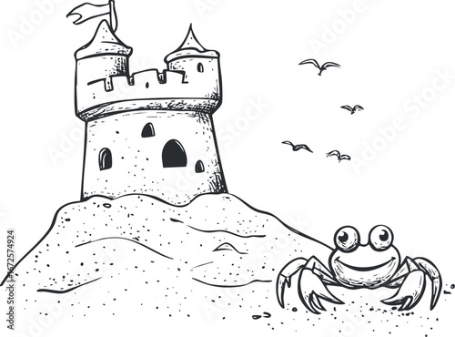 Black and white line drawing of a crab next to a sandcastle on the beach with birds flying overhead
