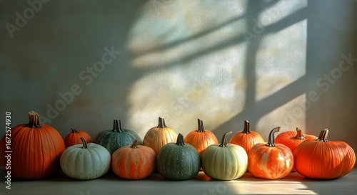 Display of Colorful Pumpkins Arranged on a Table With Warm Sunlight Illuminat...