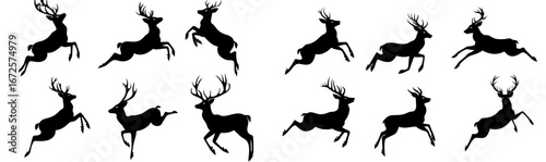 The illustration set includes a modern silhouette of a deer, accompanied by cartoon elements and an image of a deer with antlers in a agile jump
