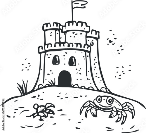 Black and white cartoon illustration of a sandcastle with a flag and two crabs on beach sand.