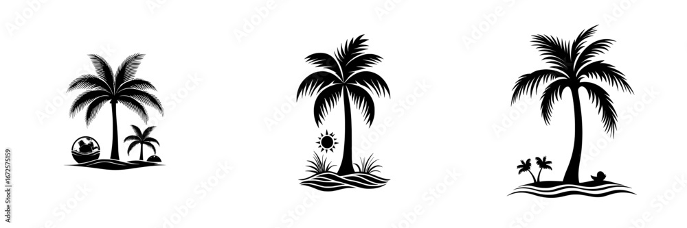 Naklejka premium The image of a palm tree with a coconut, simplified into a silhouette and set against a wave, captures the tranquil atmosphere of a tropical haven, inviting relaxation and escape
