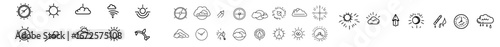 The weather icon set, including clouds, sunny day, moon, snowflakes, wind, and sun day, is presented in a line style for web use