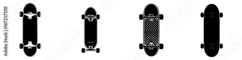 A bold and minimalist black and white illustration of a skateboard is presented as a skateboard icon, highlighting its iconic design with a focus on the deck and trucks, perfect for web and app