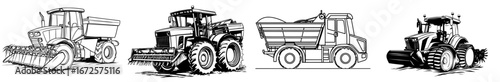 Modern art illustration featuring a line drawing of a combine harvester in silhouette design