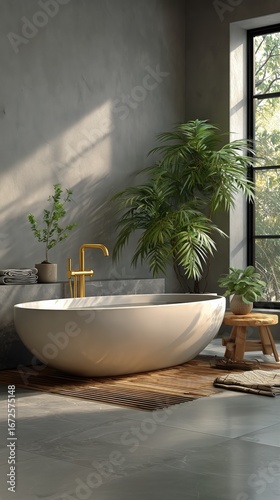 Elegant Bathroom Design Featuring a Freestanding Tub and Lush Greenery in a M...