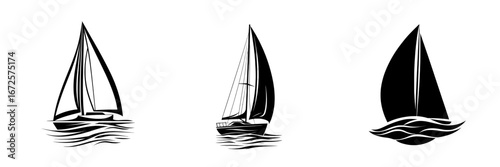 A minimalist sailboat icon featuring a bold flag, is navigating the open sea in 'Sailing Towards Adventure', perfect for themes of travel, exploration, and freedom