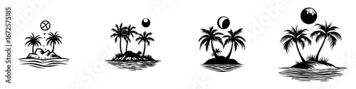 The illustration, titled Palm Tree Silhouette, presents a solitary palm tree on an island, set against the backdrop of a breathtaking sunset, symbolizing a serene tropical escape