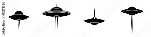 A classic flying saucer is depicted in a black and white illustration, descending while emitting a beam of light, ideal for science fiction, mystery, and extraterrestrial themes