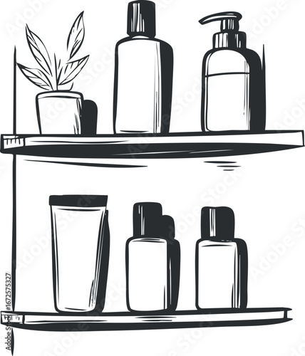 Black and white line art drawing of cosmetic bottles and a plant on two shelves for home or bathroom decor