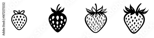 A bold, black-and-white illustration of a strawberry, featuring its iconic heart shape and detailed seeds, embodies the essence of Sweet Simplicity, ideal for adding summery sweetness to designs