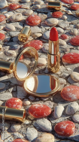 Bright Red Lipstick Surrounded by Elegant Beauty Products on Soft Pink Fabric.