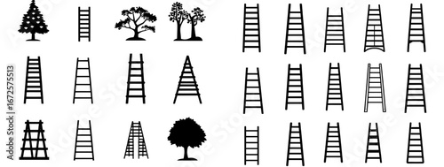 A minimalist depiction of a straight ladder is shown leaning against a wall in the form of a black silhouette