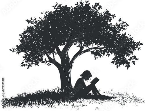 Silhouette of a child sitting under a tree reading a book outdoors in a peaceful natural setting