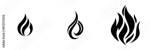 Fiery Abstract Flame Icon: Modern black and white graphic of stylized flame, ideal for social media, branding, and various design projects