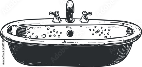 Vintage style black and white illustration of a bathroom sink with faucet and taps isolated on white background