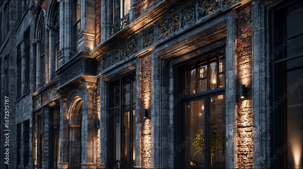 Fototapeta premium Symmetrical Brick and Iron Wall Composition Featuring Reflective Glass Elements – Tactile Visual for Sustainable Architecture Branding