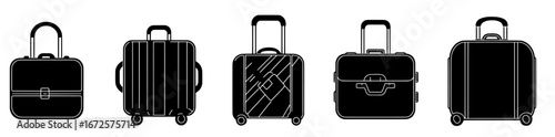 This set of modern icons features symbols for various travel items, including Valise, Baggage, Luggage, travel bags, and suitcases