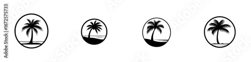 The Palm Tree Icon features a stylized palm tree set against a circular black background, evoking tropical getaways and summer vacations, ideal for travel brochures and websites