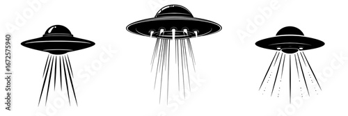 A classic UFO illustration, rendered in bold black and white, shines a light beam, ideal for science fiction and mystery themes