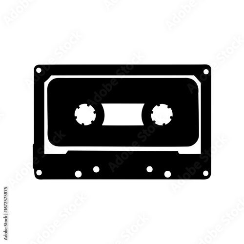 Black and white minimalist illustration of a compact audio cassette tape