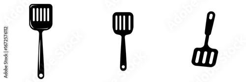The Black & White Spatula Icon boasts a simple yet bold design, characterized by a classic wooden handle and flat, slotted blade, making it ideal for symbolizing cooking