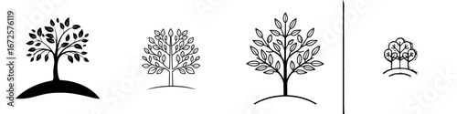 The Tree of Life is depicted as a stylized black and white illustration featuring a tree with lush foliage, rooted in flowing waves, symbolizing growth, life, and connection to nature