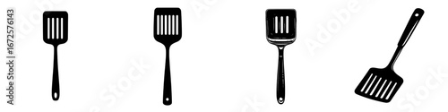 The Black and White Spatula Icon features a simple, yet elegant illustration of a spatula, complete with a wooden handle, set against a white background, ideal for culinary designs