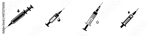 A simple yet impactful black icon depicting a medical syringe with a single drop of liquid represents healthcare, medicine, or vaccination