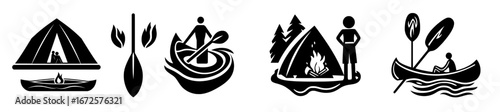 Current representations of canoeing and camping with fire, depicted in simple black and white style, set in rounded square frames