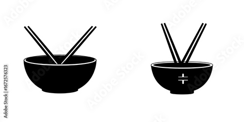 The image depicts a bowl and chopsticks in a minimalist black and white style, which is well-suited for conveying Asian dining or cultural ideas with elegance
