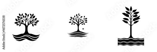 This artwork, titled Tree and Waves, features a simple yet refined black and white illustration of a stylized tree with flowing leaves set above two stylized waves, evoking feelings of nature,