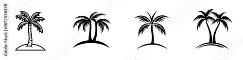 The Palm Tree Icon features a stylized black silhouette of a palm tree situated on a small island, ideal for various tropical designs, travel brochures, or projects with a summer theme