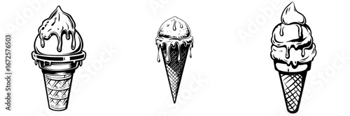 Melting Delight’ is a simple yet evocative illustration of a melting ice cream cone in black and white, perfect for food-related themes, summery vibes, or sweet treats