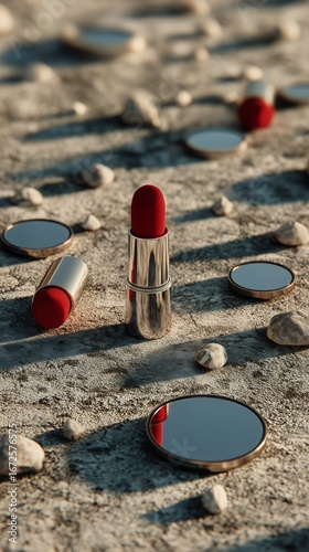 Bright Red Lipstick Among Small Mirrors and Stones on a Textured Surface in S...
