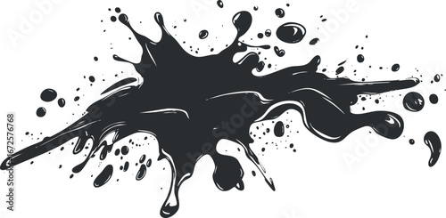 Black paint splash isolated on white background with dynamic liquid droplets and splatters