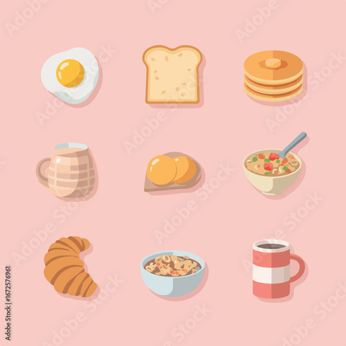 Delicious breakfast dishes are artfully presented, featuring a variety of breakfast foods against a pink backdrop.