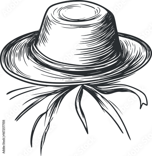 Hand drawn sketch of a straw hat with ribbons, a vintage summer accessory for sun protection