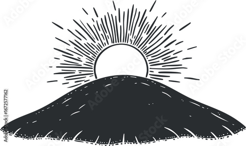 Black and white illustration of the sun rising behind a hill with radiant sun rays in a natural landscape.
