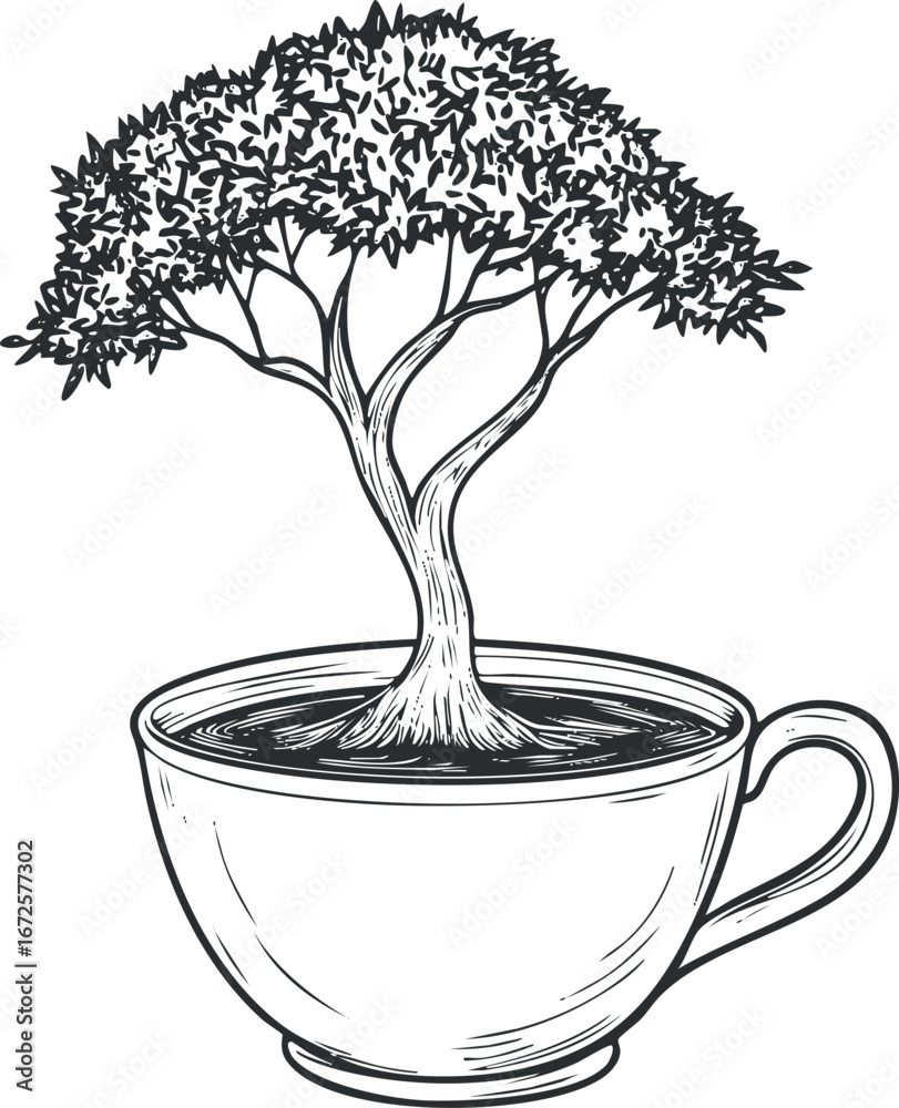 Obraz premium Black and white illustration of a tree growing out of a cup symbolizing nature and growth in a container