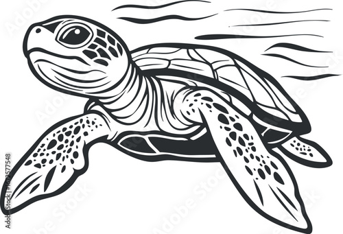 Black and white illustration of a sea turtle swimming underwater with detailed shell and flippers