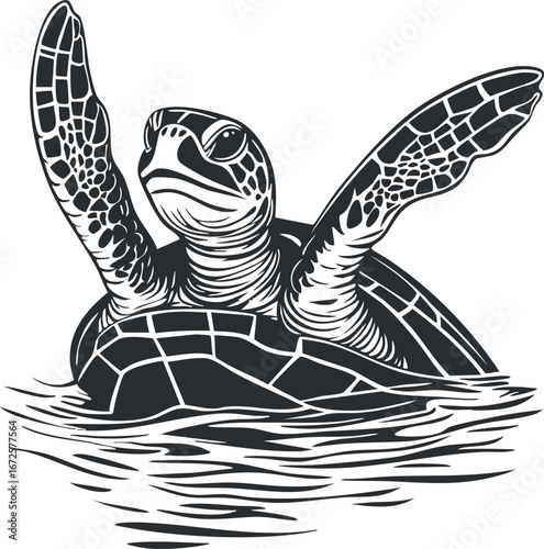Black and white illustration of a sea turtle swimming with raised flippers on water surface